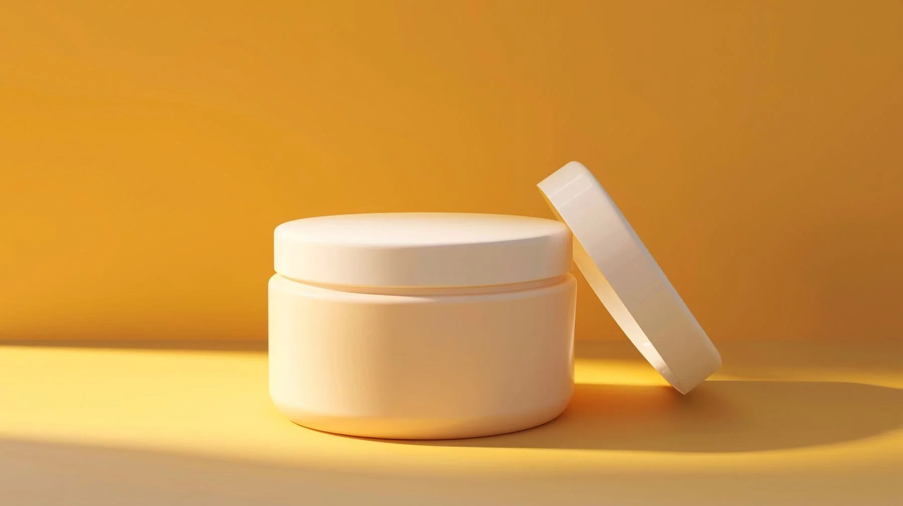 A clean and simple cream jar with a lid on a bright yellow background, perfect for product or beauty themes. Editorial illustration for AGTHEORY vs La Mer in Dubai.
